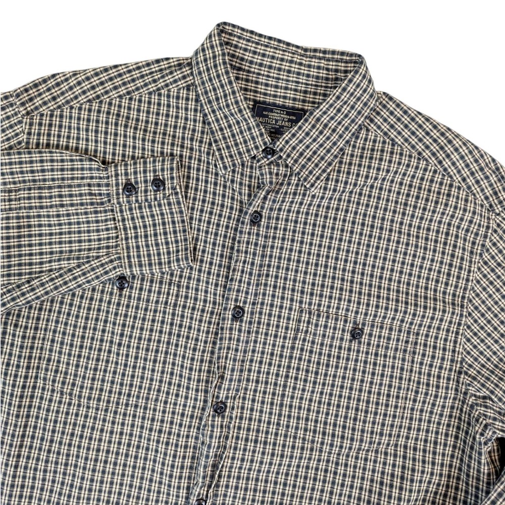 Nautica Jeans Co Mens Large Brown Black Plaid Cotton Button Down‎ Shirt L/G
